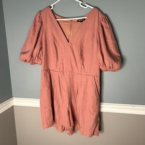 Express Womens XL Rose Pink‎ Linen Blend Puff Sleeve V-Neck Romper Jumpsuit